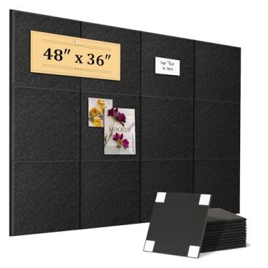 Imagem de QUEENLINK Quadro grande de cortiça para parede, 122 x 91 cm, pacote com 12 azulejos de parede de feltro, quadro de avisos de escritório, placa de dardos alternativa, 120 pinos, preto