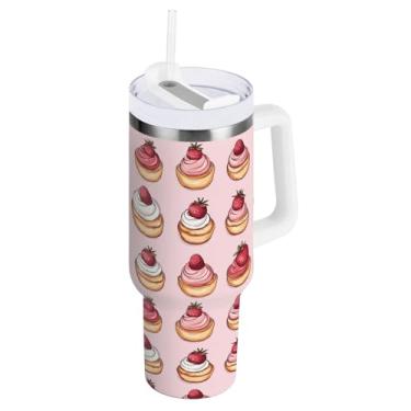 Imagem de ODAWA Copo grande com isolamento rosa para bolos de morango com alça e canudo, copo de aço inoxidável com tampa 2 em 1