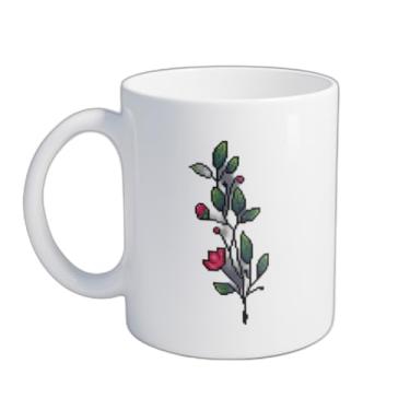 Imagem de Caneca Xícara de Café Porcelana 300ml Design Flores Rosa Pixel Art