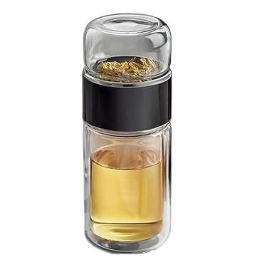 Imagem de GTIANHE-TAN Infusor de vidro, chá inteligente 3 em 1, experimente infusores à prova de vazamento com filtro e tampa, copo infusível de separação de água portátil de camada dupla (preto, 420 ml)