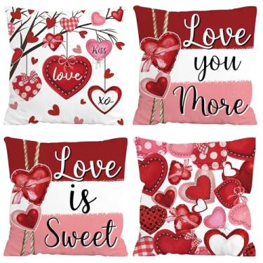 Imagem de FUTBU Conjunto de 4 capas de almofada para o dia dos namorados, 40,6 x 40,6 cm, corações vermelhos dos namorados te amo mais, capa de almofada de casamento para sofá conjunto de 4