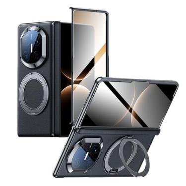 Imagem de HAOMRIYL Capa de couro genuíno para Huawei Mate X7, capa de suporte de anel magnético, protetor de dobradiça para câmera de tela integrada, capa de borda galvanizada, preta, Mate X7