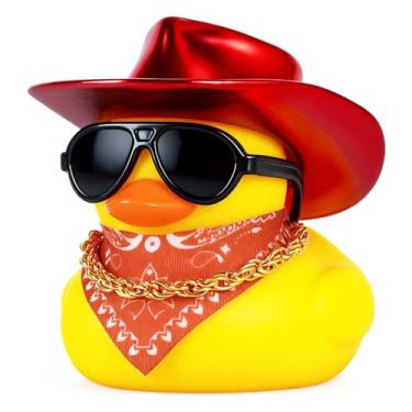 Imagem de cadelon Cowboy Rubber Duck Decor with Red Hat, Sunglasses, Bandana & Gold Necklace - Adhesive Pads for Car Dashboard, Desk, Gifts - Premium Rubber Figure