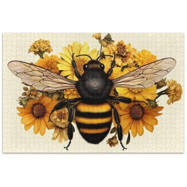 Imagem de Quebra-cabeça com flores de abelha amarela para adultos, 1000 peças, presentes para jogo de elefante branco, arte e pintura artística