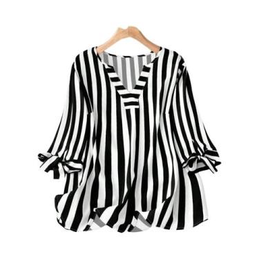 Imagem de Camiseta Feminina plus Size Com Decote Em V Estampada Em Xadrez Primav