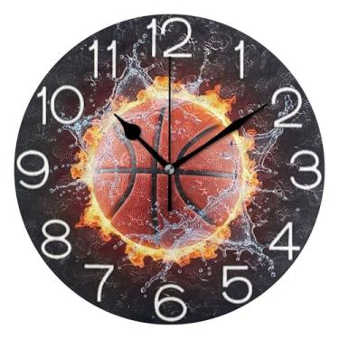 Imagem de GAIGEO Relógio de parede analógico decorativo operado por bateria relógio de cozinha fofo, decoração de parede de meados do século sala de estar basquete fogo respingo preto, 25 cm, ponteiros dourados