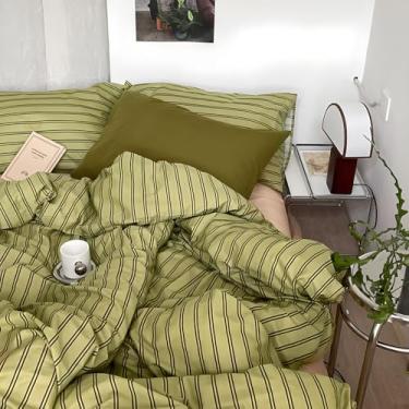 Imagem de mixinni Conjunto de capa de edredom com listras vintage, solteiro, GG - 3 peças de algodão verde-oliva e cinza-acinzentado, capa de edredom macia e respirável para todas as estações com fecho de zíper