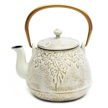 Imagem de Chaleira de chá de ferro fundido japonês TOPTIER com infusor para folhas soltas e saquinhos de chá, chaleira de ferro fundido segura para fogão, revestida com interior esmaltado para 1200 ml, branco