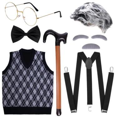 Imagem de Yymobt 7PCS 100 Days of School Men Costume, 100 Days of School Man Costume for Halloween Grandpa Costume 1920s Old Man Outfit