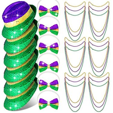 Imagem de Funtery Conjunto de 6 30 peças de fantasia de carnaval para homens, 6 chapéus de carnaval de lantejoulas, 18 colar de contas verde roxo amarelo e 6 gravatas borboleta de lantejoulas para festa de