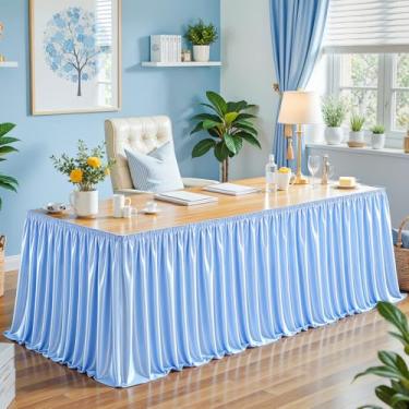 Imagem de Saia de mesa de cetim azul bebê de 1,8 m com elastano brilhante para mesas retangulares/redondas, saia de mesa plissada com babados, toalha de mesa sem rugas para cozinha doméstica, mesa de dormitório