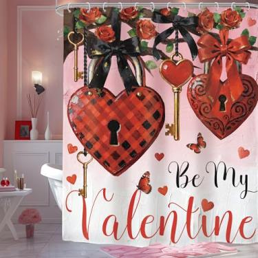 Imagem de Omifly Cortina de chuveiro para o dia dos namorados, 152 cm L x 182 cm A, coração, cadeado vermelho, rosa, flores, xadrez, lindo laço, casa de fazenda, pintura a óleo com 12 ganchos de plástico