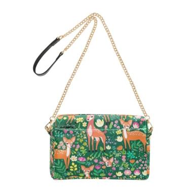 Imagem de Joitme Bolsa feminina tiracolo bolsa de telefone fofa veado flores coloridas folhas verdes couro PU alça de corrente