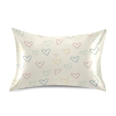 Imagem de Blueangle Fronha de cetim refrescante para cabelo e pele, capa de travesseiro de corações creme, tamanho padrão 50,8 x 66 cm com fecho de envelope (602)