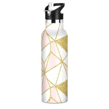 Imagem de Joisal Garrafa de água infantil rosa triângulos geométricos dourados com tampa de palha, garrafas de água isoladas de aço inoxidável com parede dupla, copos infantis livres de BPA para escola, viagens