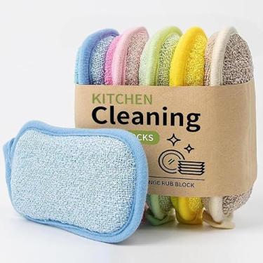 Imagem de (5 peças) Esponja multiprato, limpeza dupla face, material macio, limpeza de fibra ultrafina + fio de aço inoxidável para remover manchas difíceis, espessamento durável, lava-louças de alta eficiência