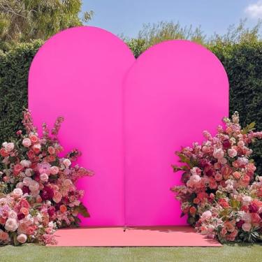 Imagem de Conjunto de 2 capas de arco rosa choque de 2,2 m e 1,8 m sem vincos para suporte de arco de 2,2 m e 1,8 m, capa de fundo de arco fúcsia elástico de 2 lados, capas redondas de arco Chiara para