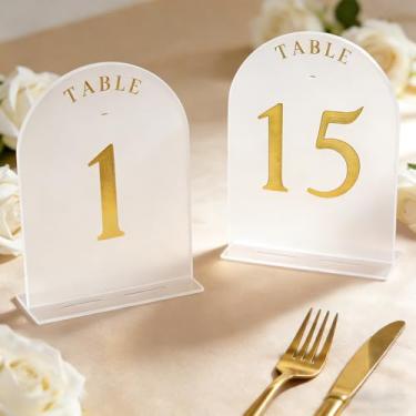 Imagem de Teruntrue Números de mesa de casamento em arco fosco 1-15 com suportes, placas de mesa de acrílico impressas em folha dourada 14 x 17 cm para recepção, aniversário, evento - monitores de mesa