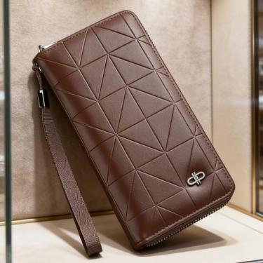 Imagem de Carteira masculina, bolsa de couro longo de negócios moderna com zíper, organizador versátil de grande capacidade com bloqueio RFID para itens essenciais diários (café escuro)