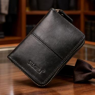 Imagem de Carteira masculina de couro curta com zíper, carteira preta essencial com zíper (preto)