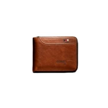 Imagem de Carteira curta masculina dobrável de couro, dobrável fina com bolsos para cartão (marrom claro)