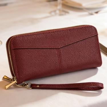 Imagem de Carteira feminina, zíper duplo longo chique para bolsa de couro liquei, organizador minimalista de grande capacidade com bloqueio RFID para cartões e dinheiro (vermelha)