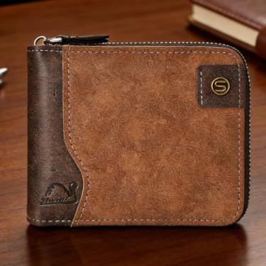 Imagem de Carteira masculina retrô, marrom claro, vários compartimentos, padrão de verificação magnética, couro PU, durável, design retrô marrom claro com vários compartimentos com fecho magnético, padrão