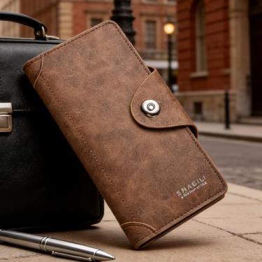 Imagem de Carteira masculina, carteira de couro longa três em um elegante com fecho magnético, organizador ultrafino e leve de alta capacidade para transporte moderno (Camel)