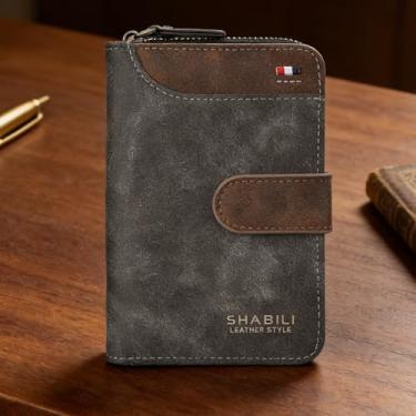 Imagem de Carteira masculina moderna preta horizontal de couro genuíno de grão fosco com sensação de grande capacidade, design horizontal moderno com fecho magnético, grão fosco, sensação de couro