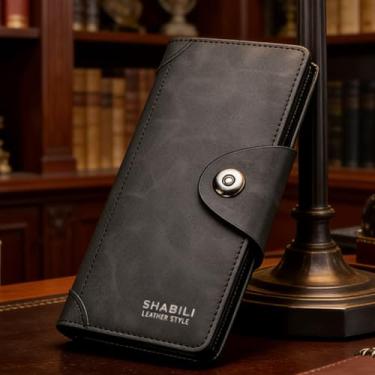 Imagem de Carteira masculina, carteira de couro longa elegante de alta qualidade com fecho magnético e vários compartimentos para cartão de crédito, organizador de negócios três em um ultrafino (preto)