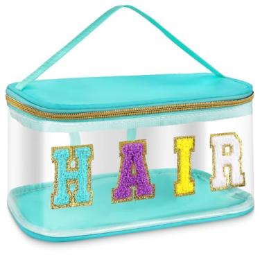 Imagem de Aufee Bolsa transparente com letras de chenille, bolsas de lanche para viagens, bolsa de maquiagem com zíper, bolsa organizadora de acessórios de cabelo, impermeável, PVC e nylon, glitter