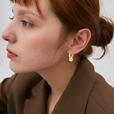 Imagem de Brincos de argola de pérola para mulheres, brincos de pérola barroca grandes banhados a ouro 14 k S925 pequeno brinco de argola para presente de joias, 1, Latão, Sem pedra preciosa