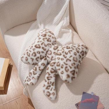 Imagem de UNWAAT Linda almofada de laço com estampa de leopardo e laço peludo, almofada de pelúcia de guepardo, decoração de casa para cama, sofá, sala de estar