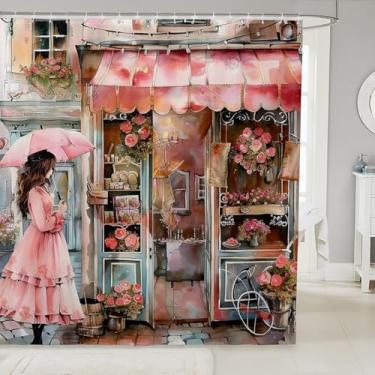 Imagem de Cortina de chuveiro estilo vitoriano para barracas banheiras vintage street shop conjunto de cortina de chuveiro de banheiro flores chiques gastas decoração de quarto rosa cinza cortinas de banheiro à