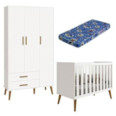 Imagem de Berço Americano E Guarda Roupa Infantil 3 Portas Isis Branco Acetinado