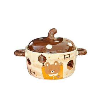 Imagem de Bonito desenho animado urso castanha tigela de macarrão instantâneo coberto de cerâmica orelhas de estudantes bowl-lift castanhas -650ml