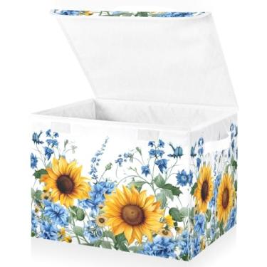 Imagem de Blueangle Cestos de armazenamento de girassóis bluebells com tampas, 42 x 32 x 30 cm, grande cesta organizadora dobrável para decoração de escritório e armário (311)