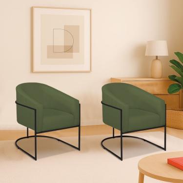 Imagem de Kit 2 Poltronas Decorativa Jade Moderno Escritório Confortável Luxo Base De Ferro Preto Linho Cor Verde