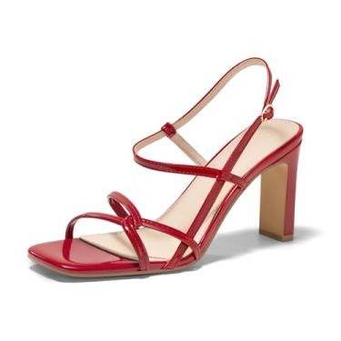 Imagem de Coutgo Sandália feminina com tiras quadradas, bico aberto, salto alto grosso, tira no tornozelo, vestido de festa de casamento, Vermelho, 38