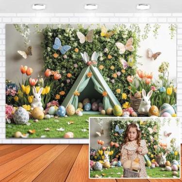 Imagem de Leowefowa Pano de fundo de primavera, Páscoa, 3 x 2,4 m, barraca de jardim, floral, ovo de Páscoa, fotografia, fundo, coelho, grama, verde, decoração de festa infantil, banner, estande