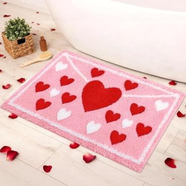 Imagem de Lyrow Tapete de banho de coração adornado com envelope de dia dos namorados, tapete de coração absorvente, vermelho, rosa, branco, antiderrapante, lavável, tapete de porta da frente para decoração de