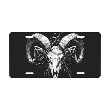 Imagem de Placa decorativa preta e branca para caveira de carneiro. Placa de metal para carro. Etiqueta de vaidade. Placa de alumínio Noverlty impermeável Colorfast 30 x 15 cm