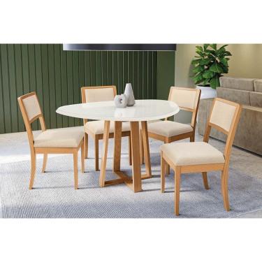 Imagem de Mesa Cozinha Elma Premium Madeira Maciça c/ Tampo Madeirado c/ Vidro 135x105cm e 4 Cadeiras Alice Carvalho/Off White - Linho Bege Argila-Kappesberg