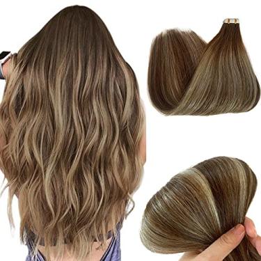Imagem de Extensões de cabelo humano com fita adesiva de cabelo humano ombré balayage marrom enraizado fita de cabelo humano em 50 g/20 peças extensões de extensão realçadas loiro balayage 9A extensões de trama
