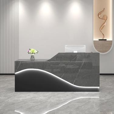 Imagem de Balcão de recepção moderno com gaveta com trava, bandeja de teclado e luz LED - elegante mesa de check-out para salão, escritório e varejo (veias brancas, 140 x 49,8 x 99,8 cm)