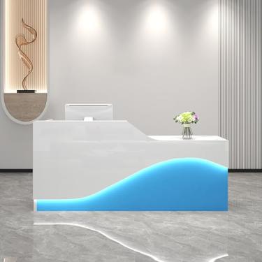 Imagem de Balcão de caixa de varejo com gaveta bloqueável, bandeja de teclado e luz LED - Mesa de recepção para salão, escritório e sala de recepção (veias brancas, 140 x 49,8 x 99,8 cm)