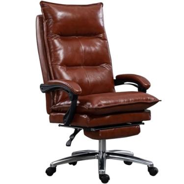Imagem de Cadeira de escritório ergonômica executiva de couro genuíno com apoio para os pés e encosto ajustável - Cadeira giratória para presidente, cadeira de computador confortável