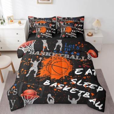Imagem de Erosebridal Conjunto de edredom de basquete 7 peças tamanho casal para crianças, cama esportiva em uma bolsa para meninos, jogos de cama hippie de basquete para fãs, jogo de bola preta reversível com