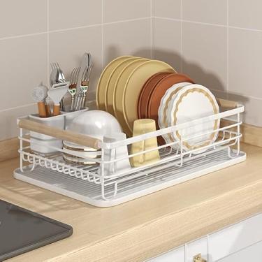 Imagem de Escorredor de Louças Pratos em Aço Inox com Alças de Bambu, Porta Talheres, Bandeja de Drenagem Removível (Branco)