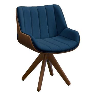 Imagem de Poltrona Giratória Alabama Veludo Azul Marinho Base de Madeira - D'Ros